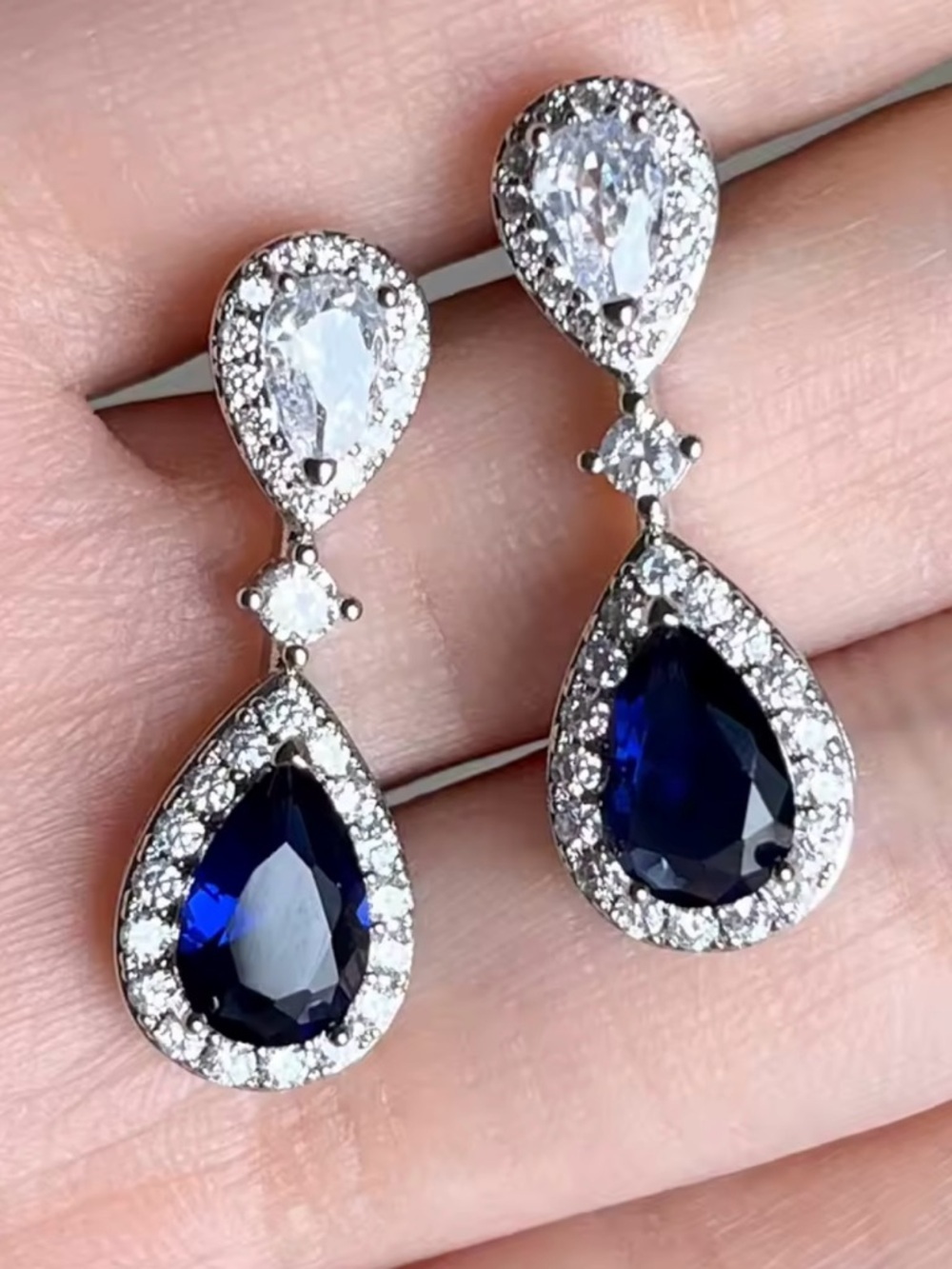 Anthropologie Silver Teardrop Earrings with Deep Blue Stones